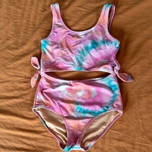 Tie-Dye One Piece Cut Out Swimsuit in Pink, Teal & Peach 8 crewcuts
